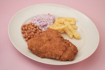 Chicken cutlet with fries , bean and coleslaw