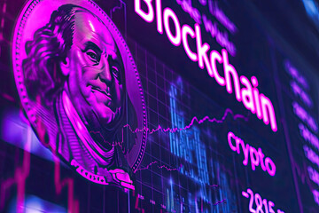 Blockchain abstract illustration with Benjamin Franklin. 
