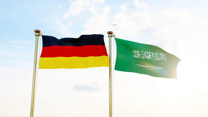 Saudi Arabia and Germany waving against a blue sky. 4K ULTRA HD.	

