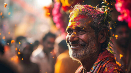 A vibrant depiction of a Hindu festival celebration, featuring a multitude of colors and religious ceremonies in India - obrazy, fototapety, plakaty