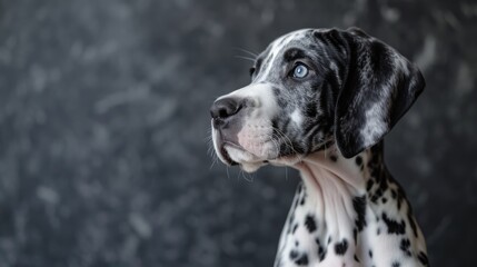 Photo portrait of a cute white and black Great Dane puppy with blue eyes on a gray background