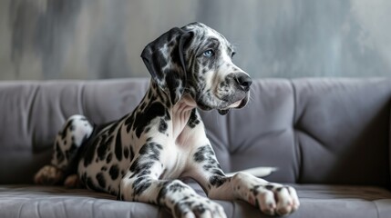 Photo portrait of a cute white and black Great Dane puppy with blue eyes, gray sofa - obrazy, fototapety, plakaty