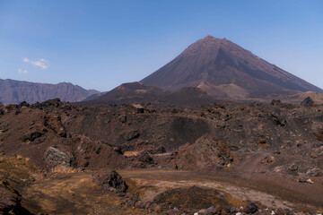 The Pico do Fogo volcano with the lava field after the recent eruption at Fogo island, Cape Verde.
