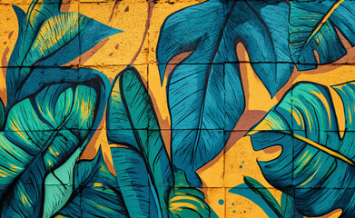 Graffiti drawing of tropical leaves with yellow, in the style of hip hop aesthetics. - obrazy, fototapety, plakaty