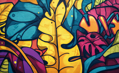 Graffiti drawing of tropical leaves with yellow, in the style of hip hop aesthetics.