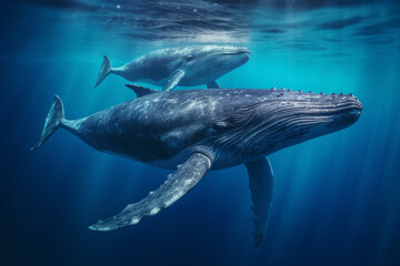 Dos ballenas nadando juntas en el océano. - obrazy, fototapety, plakaty