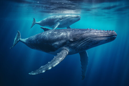 Dos ballenas nadando juntas en el océano.