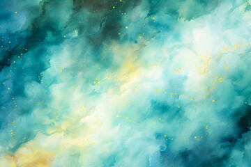 Obraz premium Stunning galaxy background in green-turquoise and yellow hues, showcasing cosmic beauty and vibrant space colors. Ideal for sci-fi, fantasy, and abstract design themes