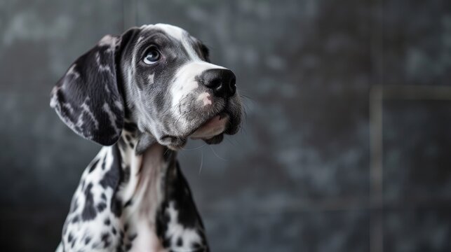 Photo portrait of a cute white and black Great Dane puppy on a gray background