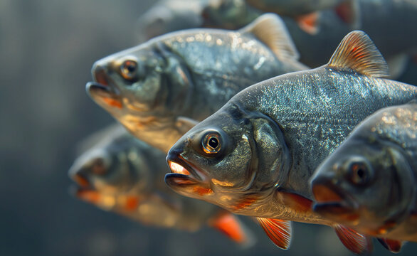 Group of eager piranhas set against a serene gray pastel background.