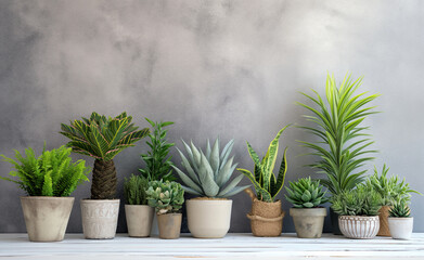 Fototapeta premium Several diverse fake plants in pots on white wood table by gray wall