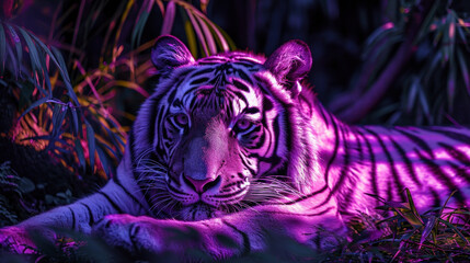 portrait of a purple tiger. Vaporwave wildlife tiger in night jungle in purple