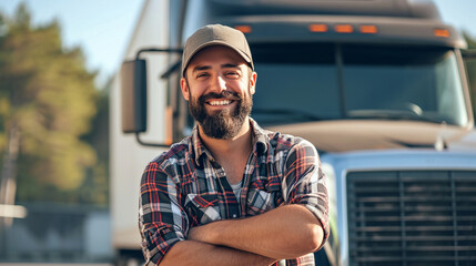 Young male truck driver standing in front of his truck, arms crossed, smiling at the camera, bearded man, wearing a hat - obrazy, fototapety, plakaty