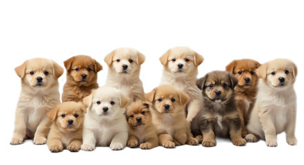 Many  fur different puppies isolated on a white background