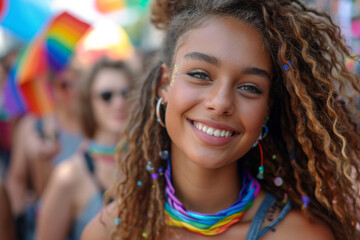 Portrait of young people rallying for LGBTQ+ rights at a Pride month parade with diversity and rainbow flags - obrazy, fototapety, plakaty