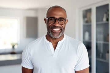 Obraz premium Smiling mature man wearing spectacles. Portrait of african american confident man at home. Successful entrepreneur