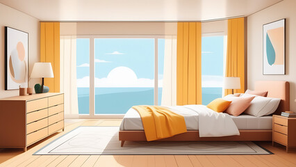 Light bedroom interior with yellow elements and big windows