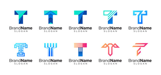 Letter T logo design for various types of businesses and company. colorful, modern, geometric letter T logo set