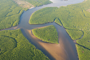 Aerial top view of Heart island in Trang province, Thailand. Forest trees in nature landscape...
