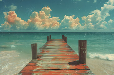 Serene tropical seascape with a wooden pier extending into the calm blue ocean under a cloudy sky.