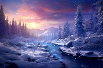 Mystical Magic winter blurred landscape cold. Festive forest. Generate Ai