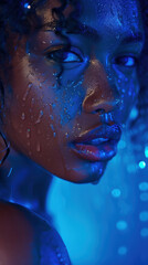Beautiful afroamerican woman in purple light under raindrops. Fashion portrait, black, cyberpunk vaporwave portrait. Party luxury portrait with water and fashion setup