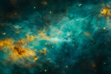 Obraz premium Stunning galaxy background in green-turquoise and yellow hues, showcasing cosmic beauty and vibrant space colors. Ideal for sci-fi, fantasy, and abstract design themes
