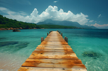 Wooden pier extending into serene turquoise sea with lush mountains and clouds in the background.