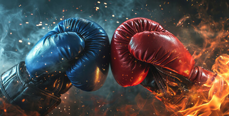 Red, blue boxing gloves in the form of hyper-realistic cyclorama elements, light red and dark blue. For banners promoting boxing, boxing sports