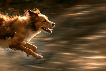Dog running, rural life scene. Blurred background