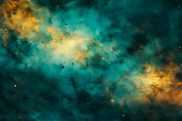 Fototapeta premium Stunning galaxy background in green-turquoise and yellow hues, showcasing cosmic beauty and vibrant space colors. Ideal for sci-fi, fantasy, and abstract design themes