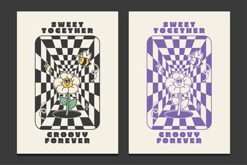 groovy 70s posters with a vintage flower cartoon character, vector illustration