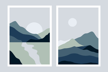 Modern mountains posters. Minimal landscape art with hills and river silhouette, contemporary nature travel wallpaper design. Vector abstract set