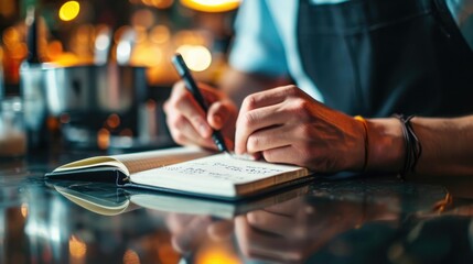 Close up of a man writing in a notepad at the bar counter - obrazy, fototapety, plakaty
