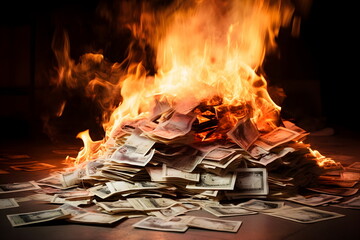 a pile of dollar bills are burning isolated on black background ,Generative AI