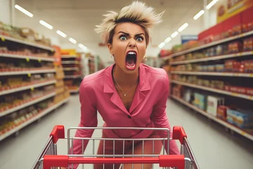 Fotobehang angry woman with shopping cart in a supermarket, Generative AI © dobok