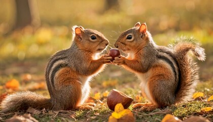 a pair of squirrels shares an acorn, blurred background