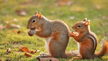 Obraz premium a pair of squirrels shares an acorn, blurred background