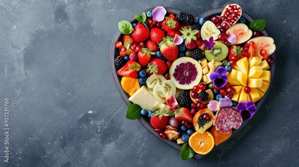 Canvas Prints  a heart shaped platter of assorted fruits and veggies on a gray background with space for a name on the top of the platter and bottom of the platter.