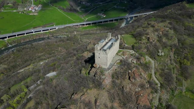Aerial view of famous Ussel castle Aosta Valley Italy