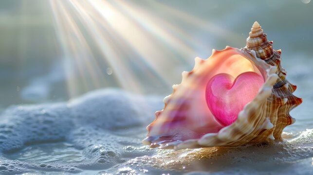  a pink conch shell on the beach with the sun shining through it, creating a beautiful contrast between the vibrant pink of the shell and the blue of the ocean The 