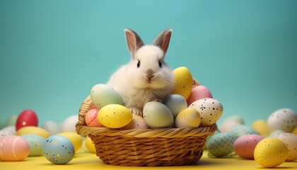 Cute bunny in a basket with Easter eggs.