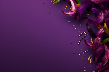 Feathers on a purple background, suitable for design with copy space, Mardi Gras celebration. - obrazy, fototapety, plakaty
