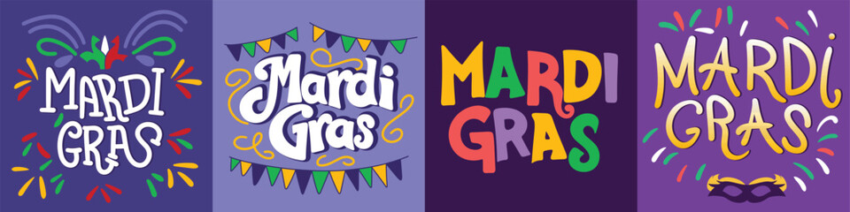 Collection of text banners Mardi Gras. Handwriting inscriptions set Mardi Gras. Hand drawn vector art.