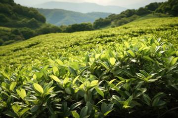 close view of green tea agriculture field