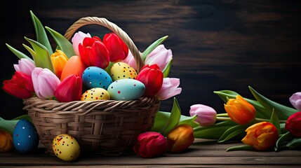 Basket with colorful painted Easter eggs, with tulips, card background