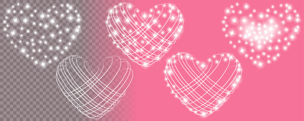 Set of glowing heart by Valentine's day, wedding, engagement. Realistic isolated vector objects for invitation, print, computer games. - obrazy, fototapety, plakaty
