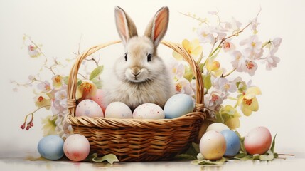 Easter bunny and Easter eggs in a basket on a white background