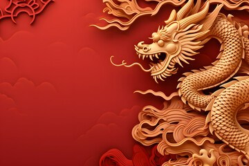 Chinese new year concept banner of gold dragon dance on the red solid background