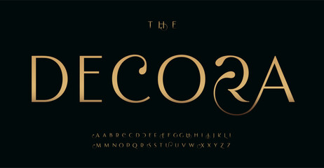 Modern premium alphabet, elegant golden letters with sophisticated tail for luxury fashion logo, stylish monogram, ornate headline, refined typography, royal typographic design. Vector typeset.